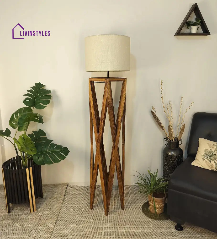 Spectre Wooden Floor Lamp With Brown Base And Jute Fabric Lampshade Lamps