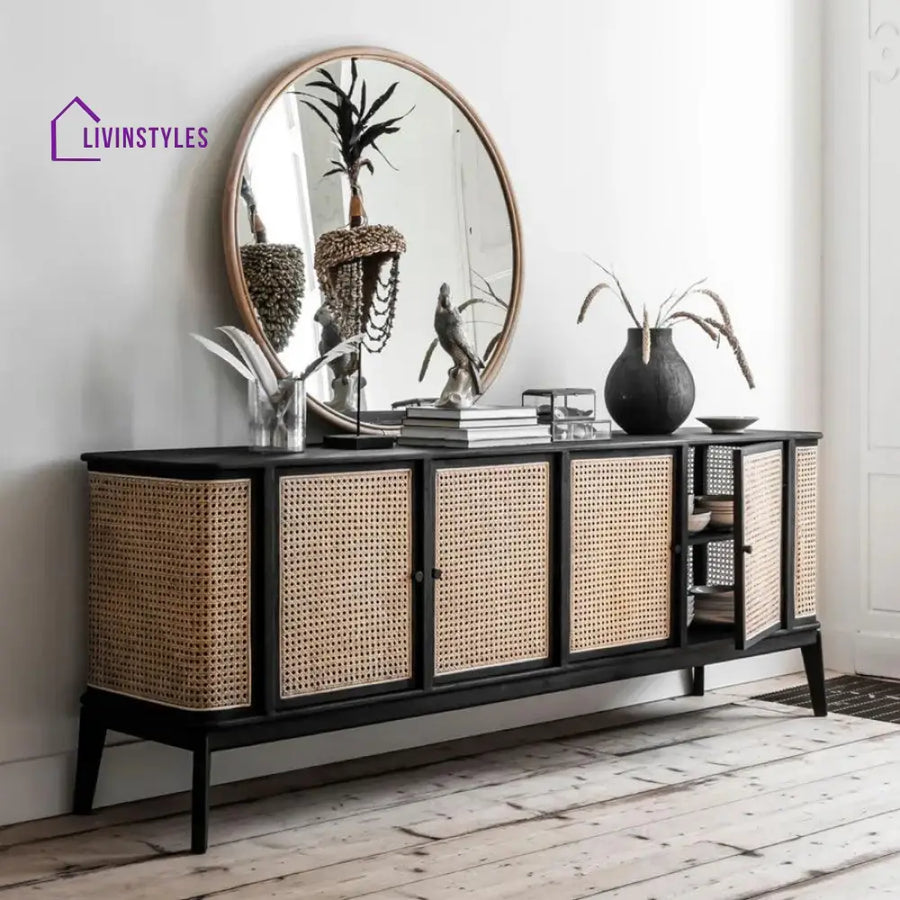 Spiridon Teak Wood & Rattan Sideboard Black Tv Unit