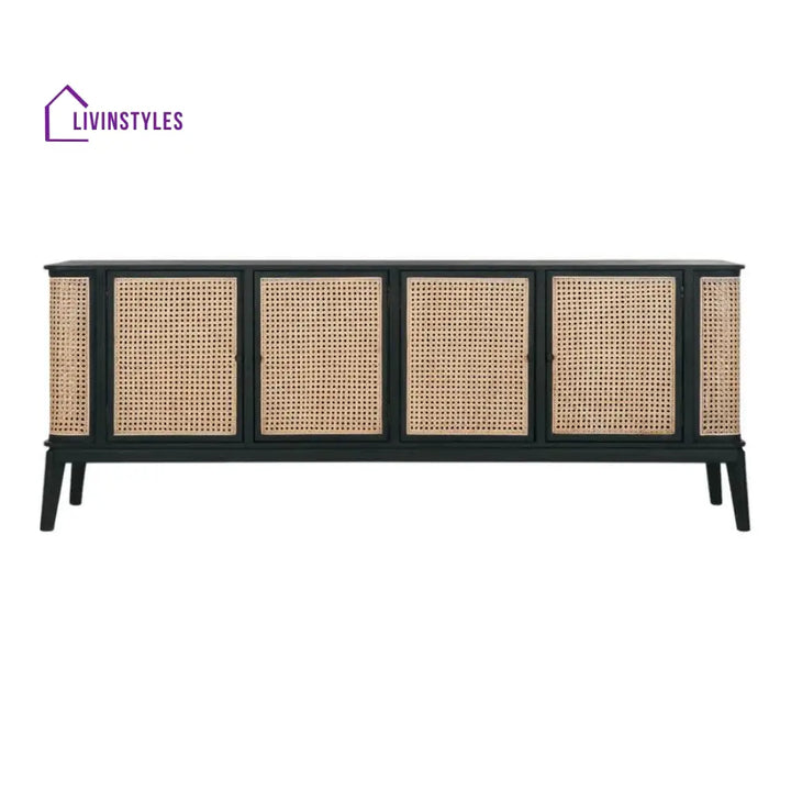 Spiridon Teak Wood & Rattan Sideboard Black Tv Unit