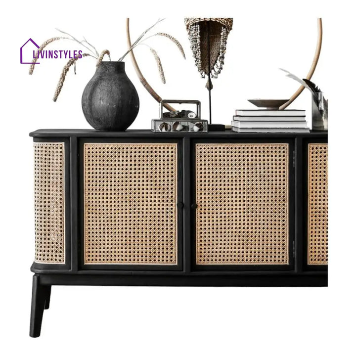 Spiridon Teak Wood & Rattan Sideboard Black Tv Unit