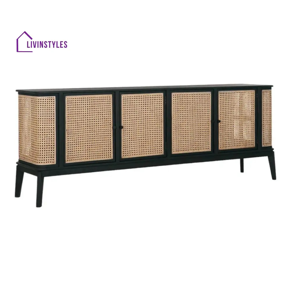 Spiridon Teak Wood & Rattan Sideboard Black Tv Unit