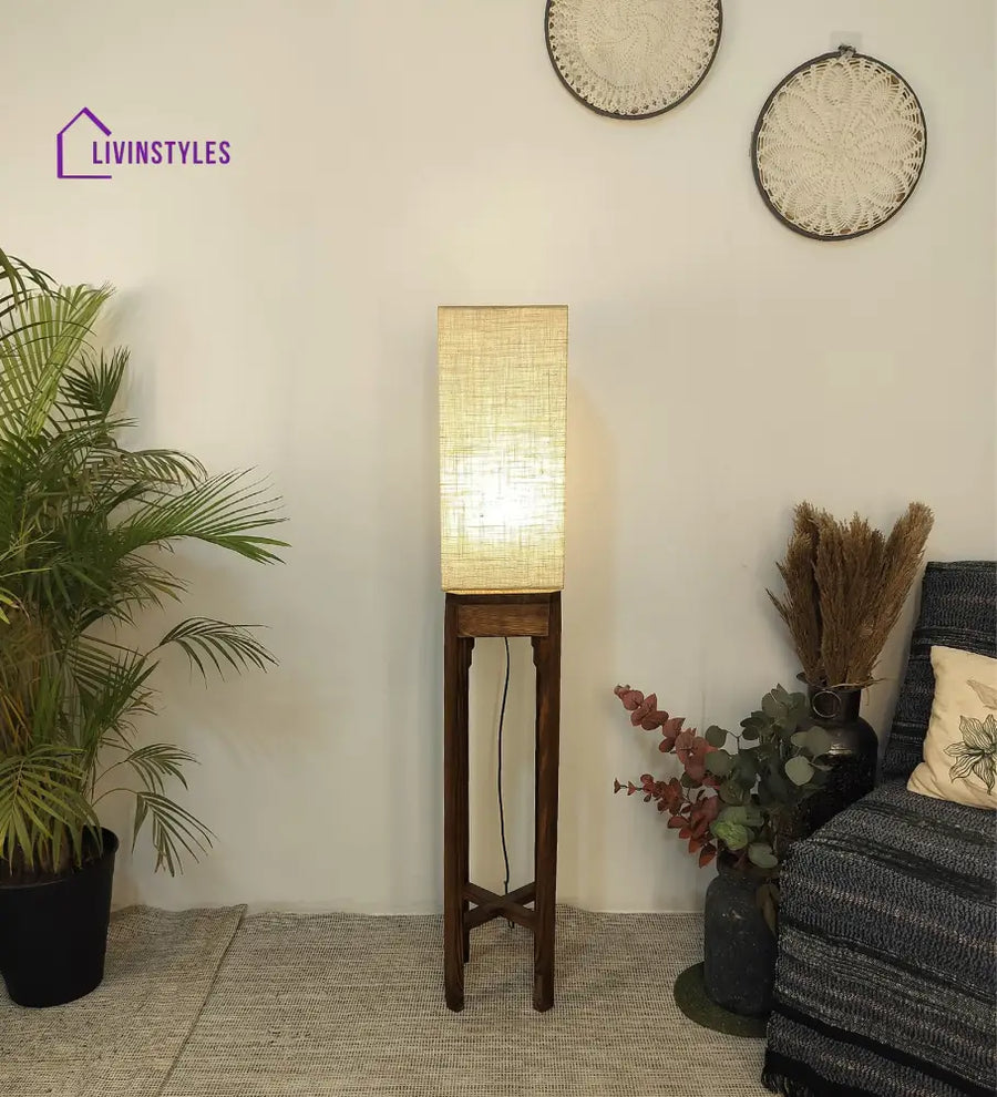 Sputnik Wooden Floor Lamp With Brown Base And Beige Fabric Lampshade Lamps