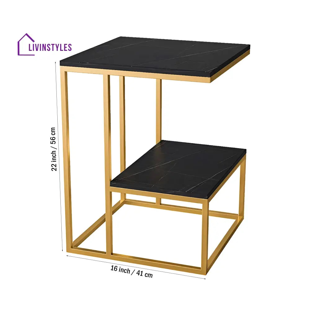 Square Geometric Elegant Golden Metal Finish Side Table with Black Marble Table