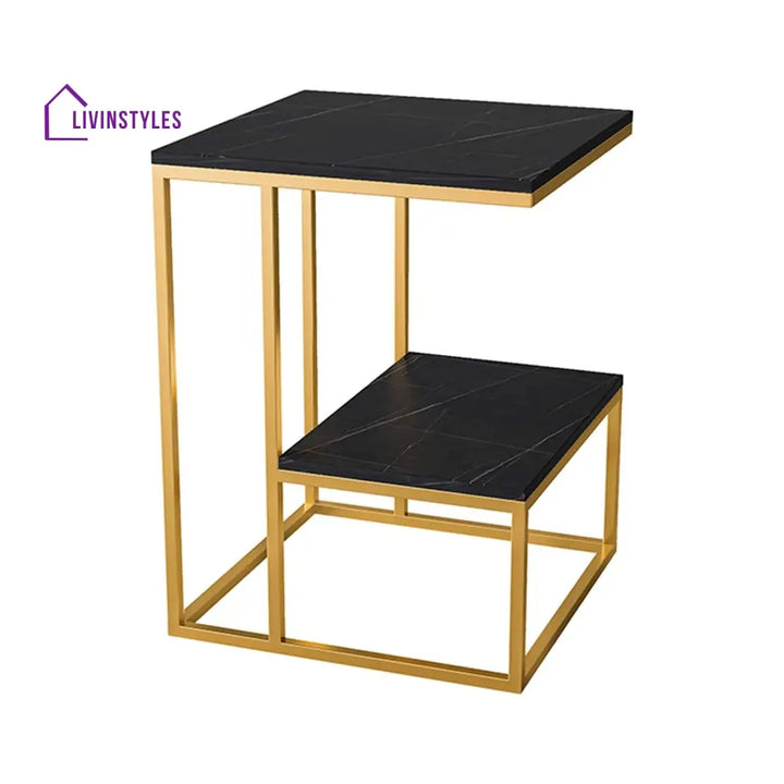 Square Geometric Elegant Golden Metal Finish Side Table with Black Marble Table