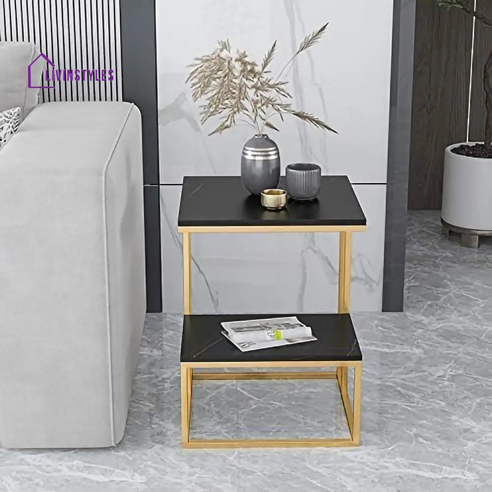 Square Geometric Elegant Golden Metal Finish Side Table with Black Marble Table