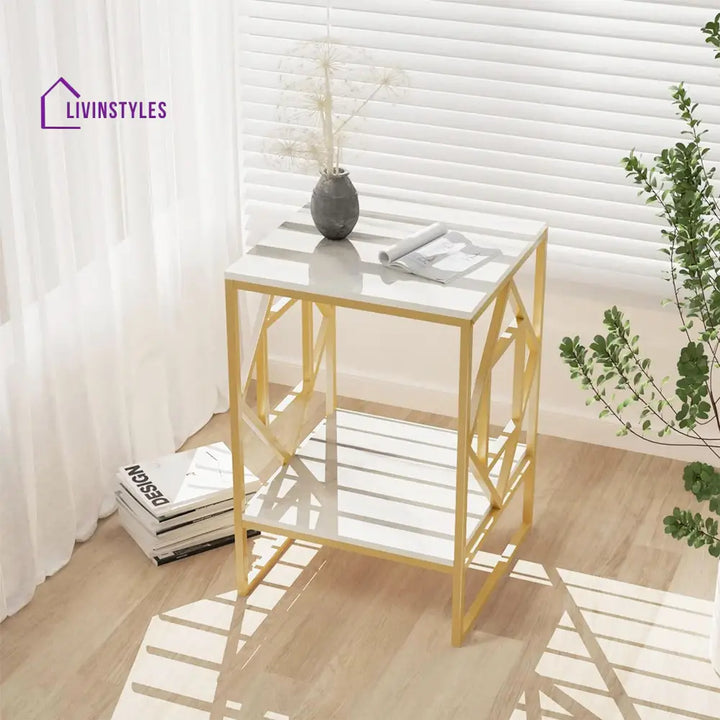 Square Geometric Rhombus Frame End Side Table with Golden Metal Finish Table