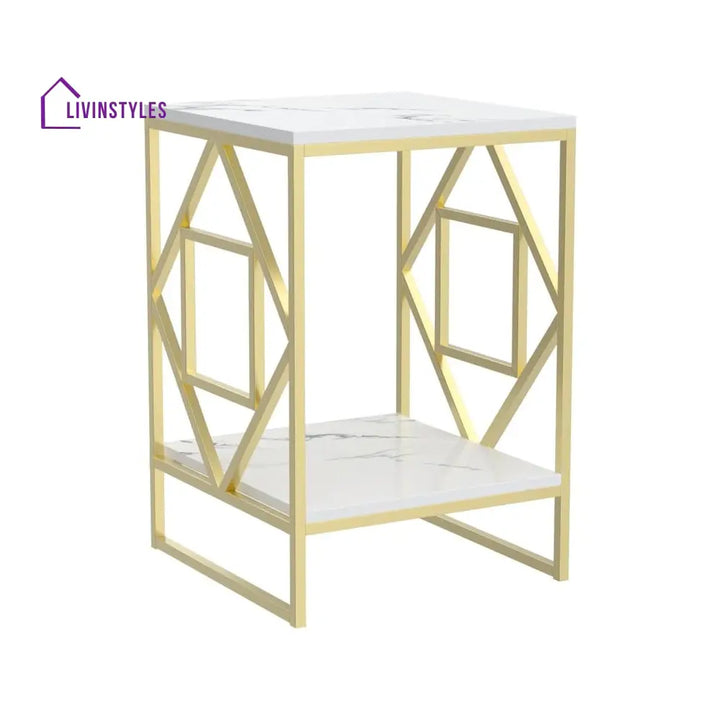 Square Geometric Rhombus Frame End Side Table with Golden Metal Finish Table