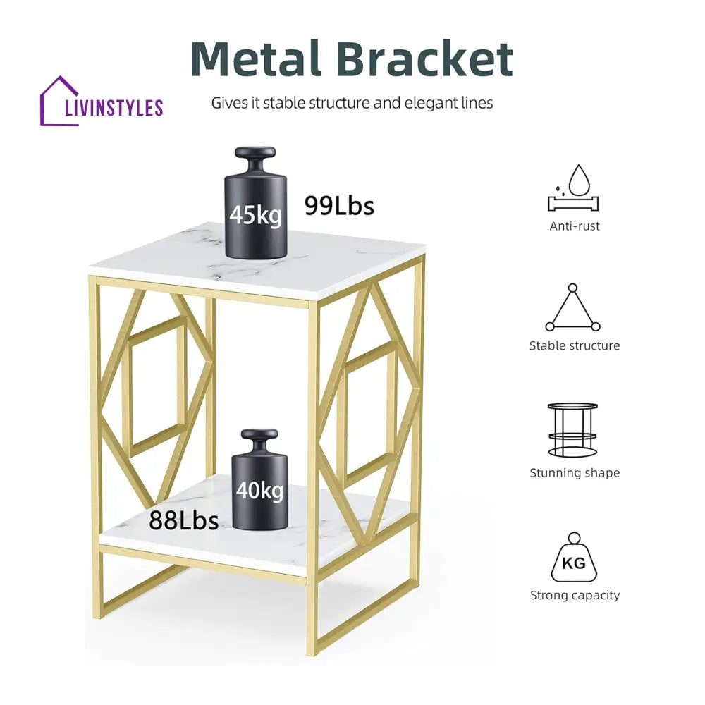 Square Geometric Rhombus Frame End Side Table with Golden Metal Finish Table