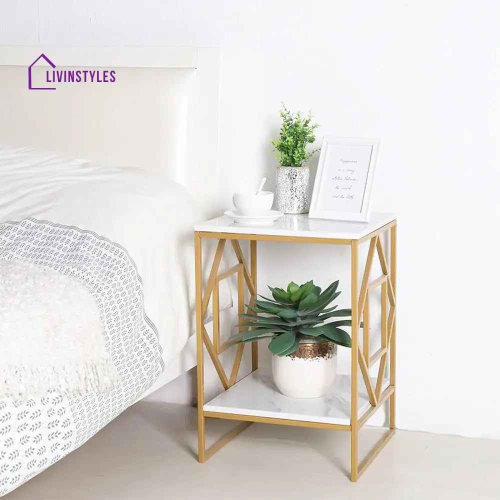 Square Geometric Rhombus Frame End Side Table with Golden Metal Finish Table