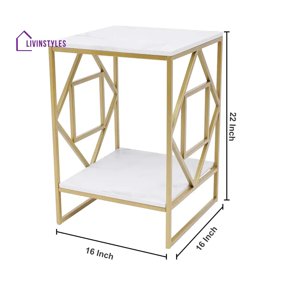 Square Geometric Rhombus Frame End Side Table with Golden Metal Finish Table