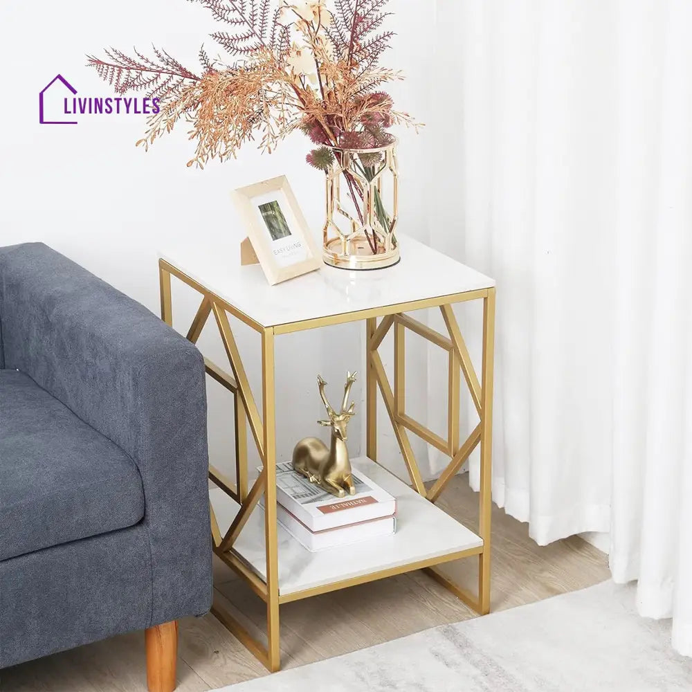 Square Geometric Rhombus Frame End Side Table with Golden Metal Finish Table