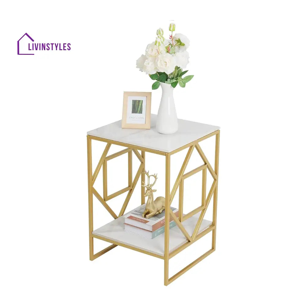 Square Geometric Rhombus Frame End Side Table with Golden Metal Finish Table