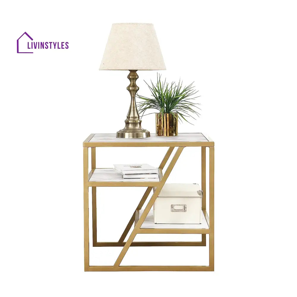 Square Shape Stylish Artistic Side Table with Golden Metal Finish Table