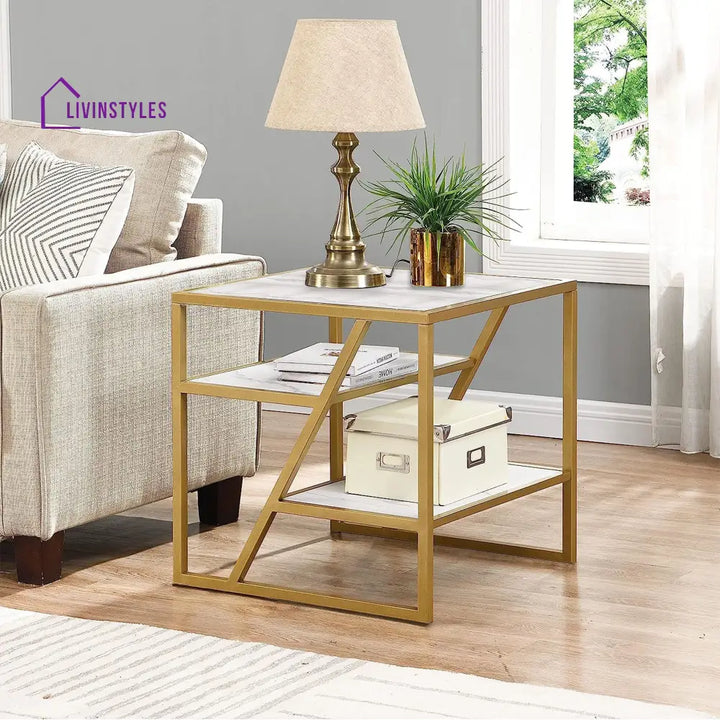 Square Shape Stylish Artistic Side Table with Golden Metal Finish Table