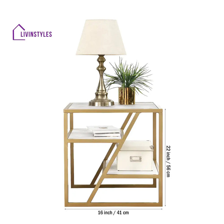 Square Shape Stylish Artistic Side Table with Golden Metal Finish Table