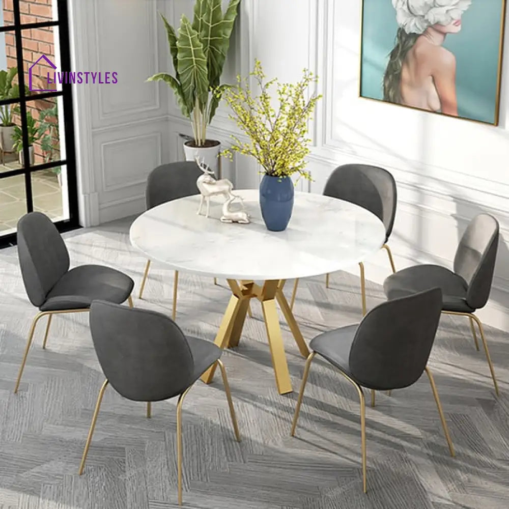 Stainless Steel With Pvd Coated White Round Marble Dining Table In Gold Color Tables