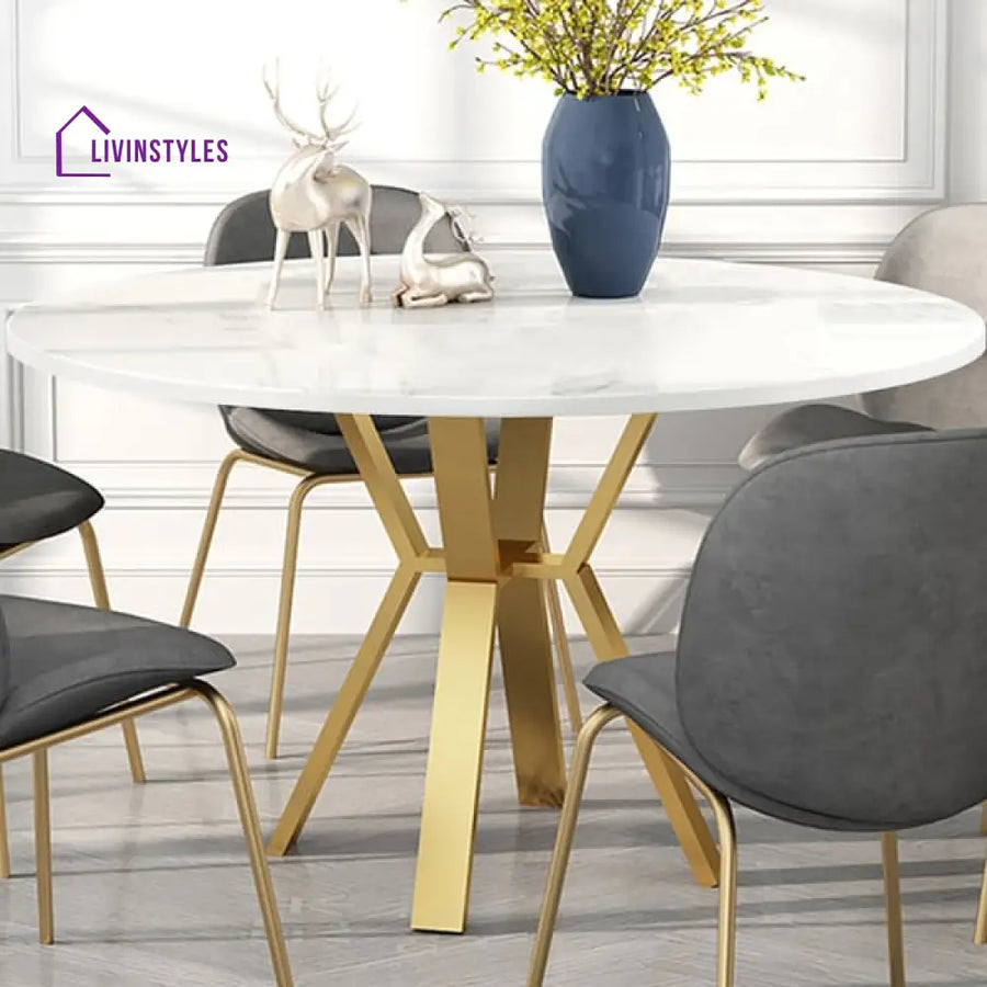 Stainless Steel With Pvd Coated White Round Marble Dining Table In Gold Color Tables