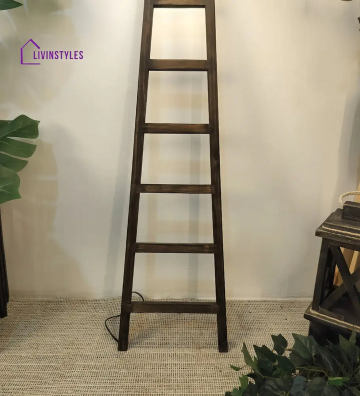 Stairway Wooden Floor Lamp With Brown Base And Jute Fabric Lampshade Lamps