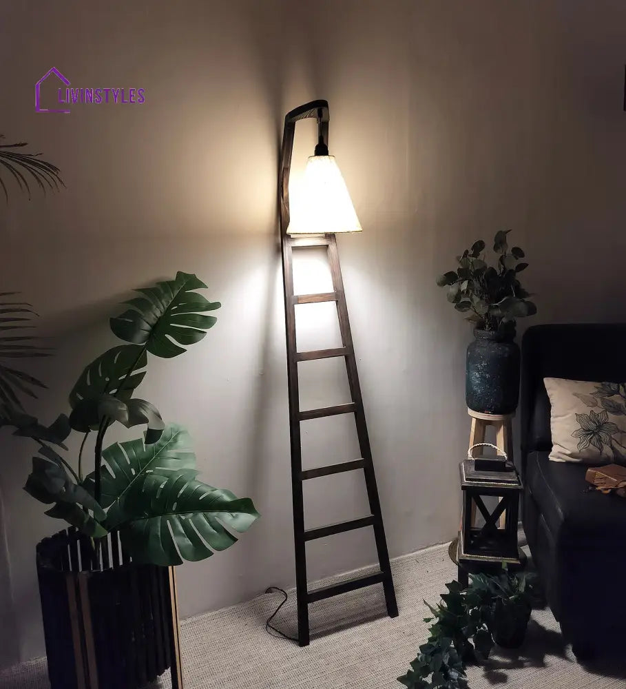 Stairway Wooden Floor Lamp With Brown Base And Jute Fabric Lampshade Lamps