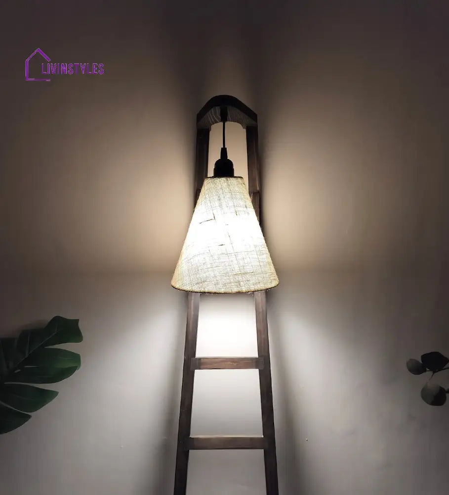 Stairway Wooden Floor Lamp With Brown Base And Jute Fabric Lampshade Lamps