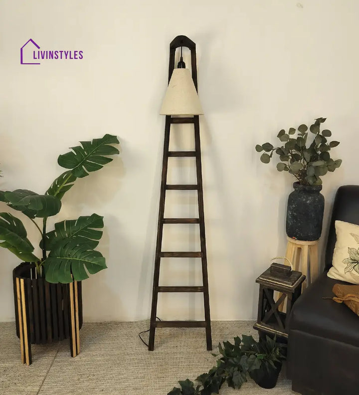 Stairway Wooden Floor Lamp With Brown Base And Jute Fabric Lampshade Lamps