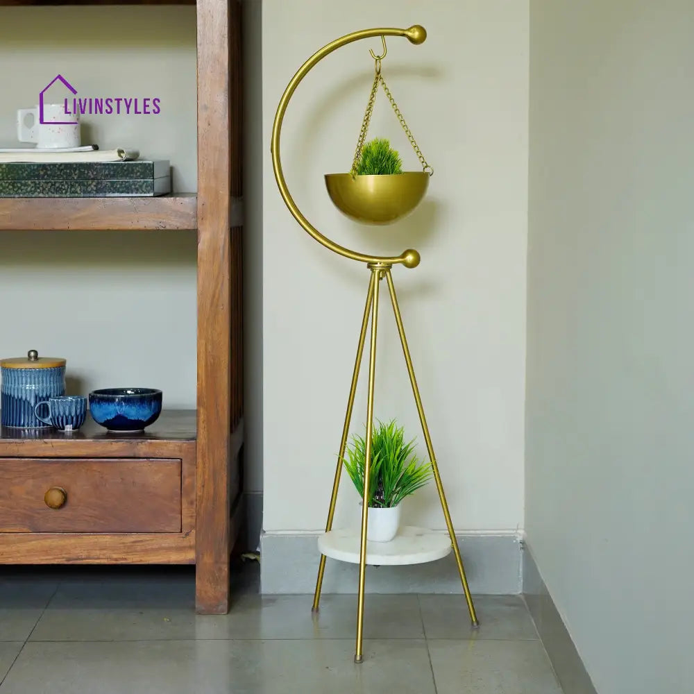 Standing Tripod Planter - Gold & White Marble Plant Stands