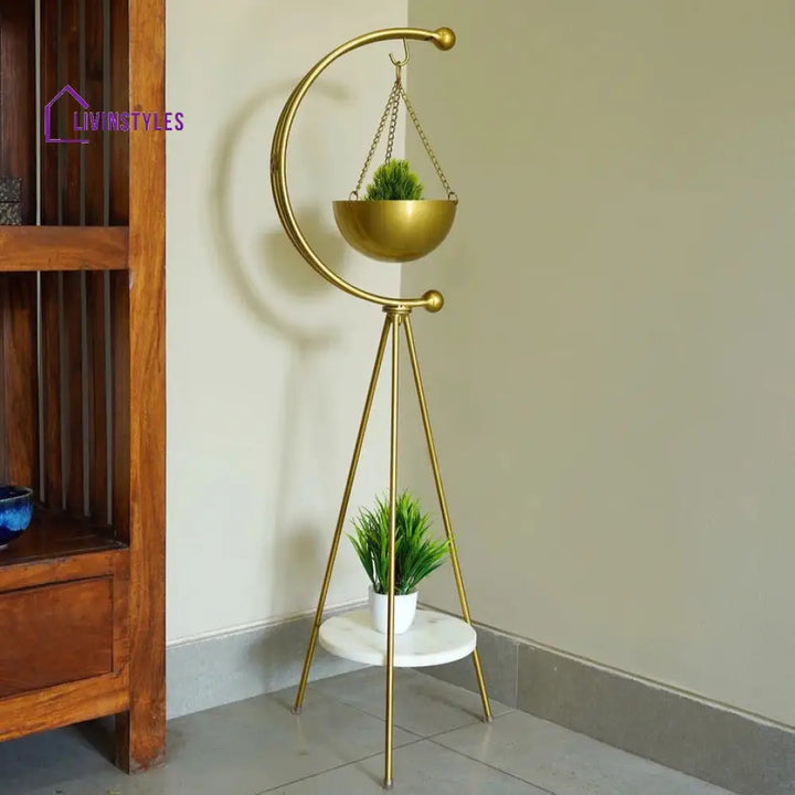 Standing Tripod Planter - Gold & White Marble Plant Stands