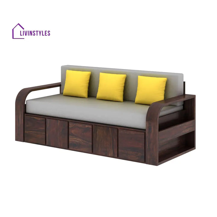 Scott Solid Sheesham Wood 3 Seater Sofa Cum Bed With Headboard Design - 1 Year Warranty