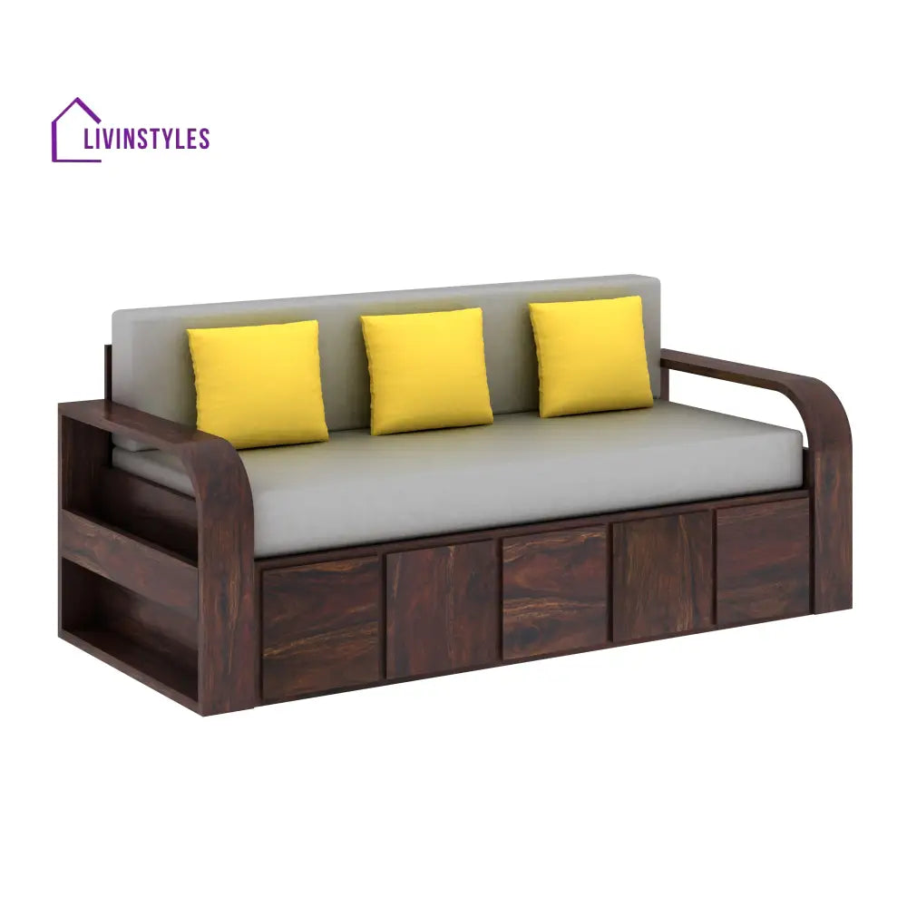 Scott Solid Sheesham Wood 3 Seater Sofa Cum Bed With Headboard Design - 1 Year Warranty