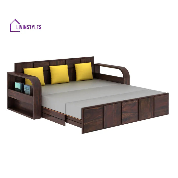 Scott Solid Sheesham Wood 3 Seater Sofa Cum Bed With Headboard Design - 1 Year Warranty