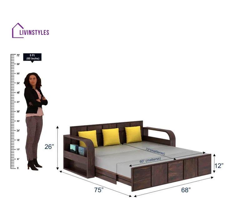 Scott Solid Sheesham Wood 3 Seater Sofa Cum Bed With Headboard Design - 1 Year Warranty