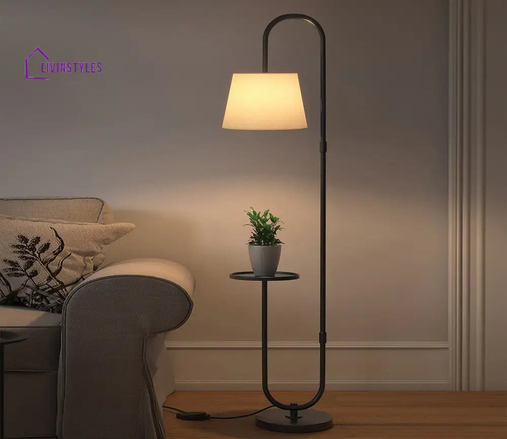 Stardust Modern Black Metal Finish Curved Floor Lamp Standing with Table Shelf Floor Lamp