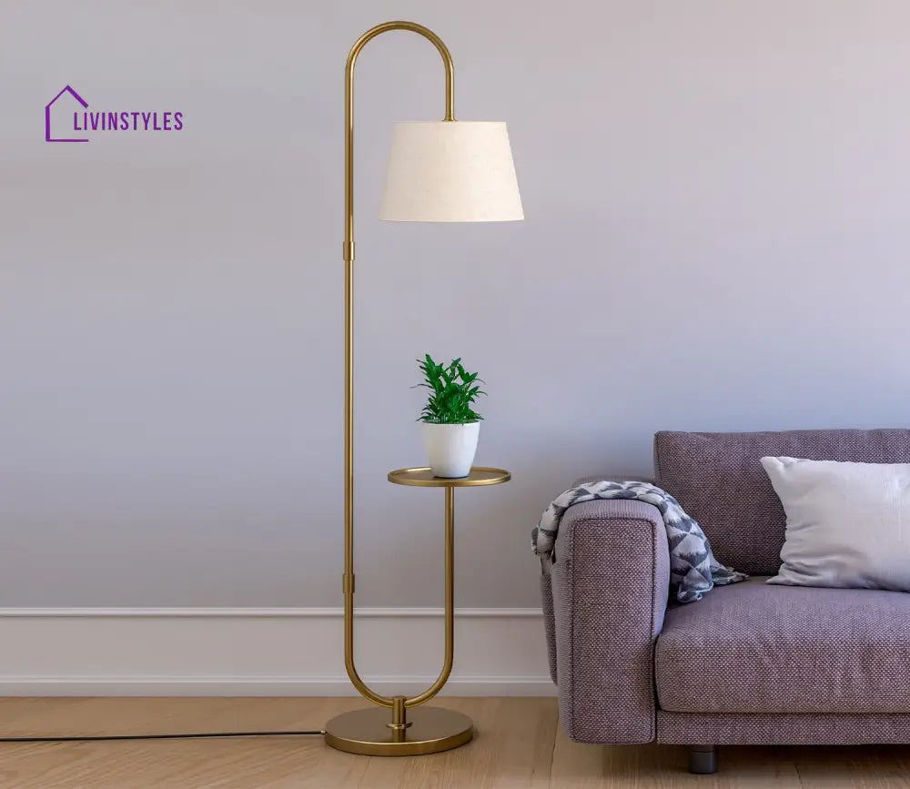 Stardust Modern Golden Metal Finish Curved Floor Lamp Standing with Table Shelf Floor Lamp