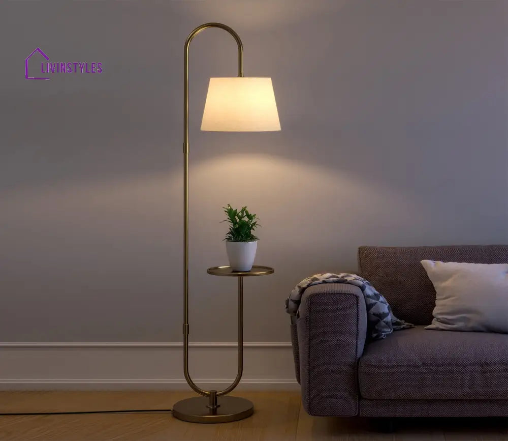 Stardust Modern Golden Metal Finish Curved Floor Lamp Standing with Table Shelf Floor Lamp