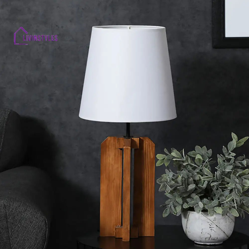 Stella Brown Wooden Table Lamp With White Fabric Lampshade Lamps