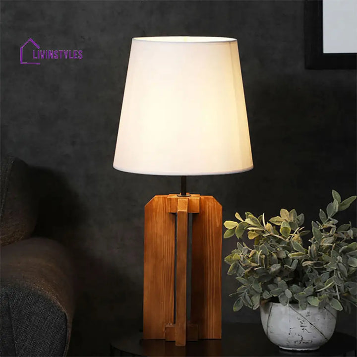 Stella Brown Wooden Table Lamp With White Fabric Lampshade Lamps