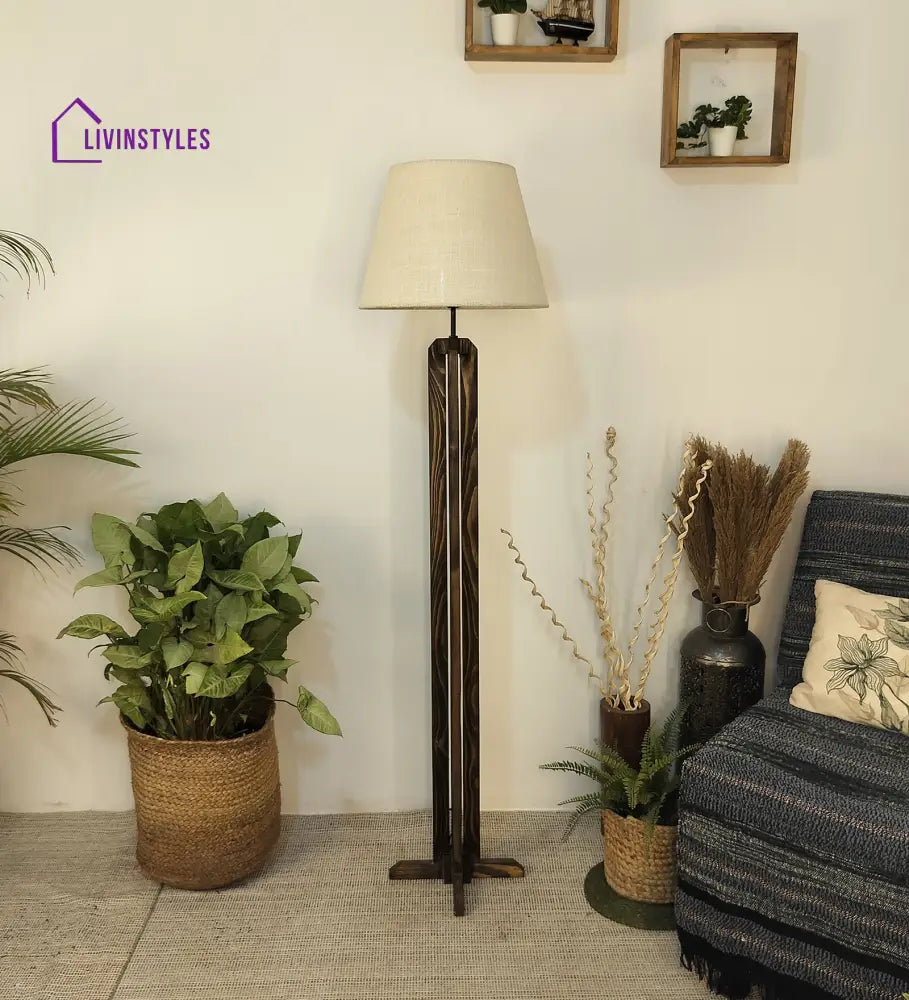 Stella Wooden Floor Lamp With Brown Base And Beige Fabric Lampshade Lamps