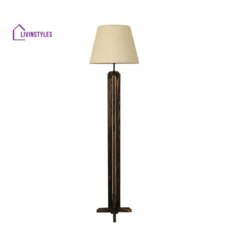 Stella Wooden Floor Lamp With Brown Base And Beige Fabric Lampshade Lamps