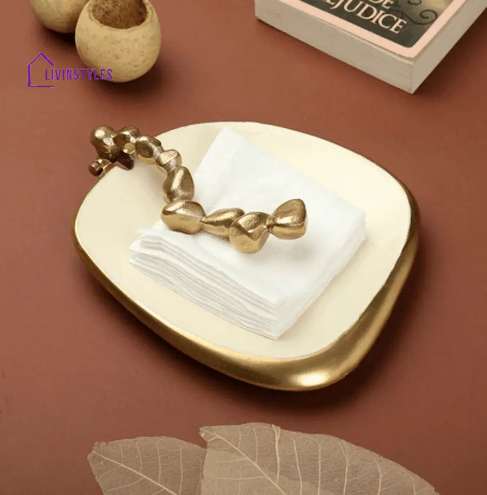 Stones Serving Ware Ivory Enamle - Napkin Holder Gold