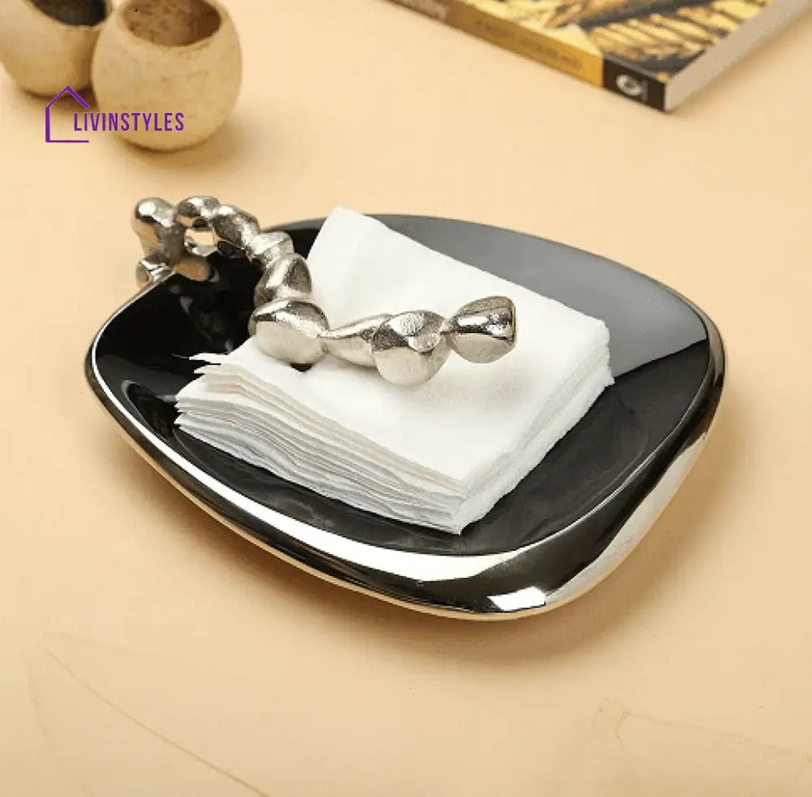 Stones Serving Ware Jet Black Enamle - Napkin Holder Silver