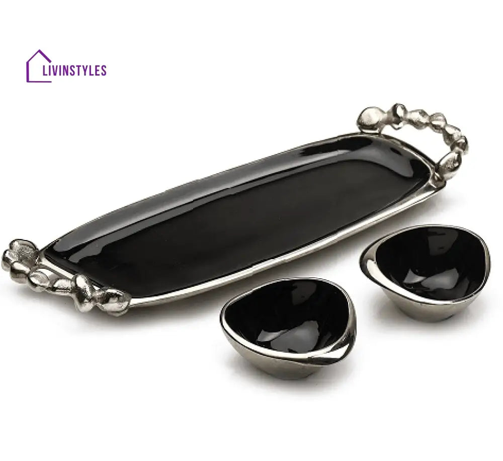 Stones Serving Ware Jet Black Enamle - Tray & Bowls Set Silver