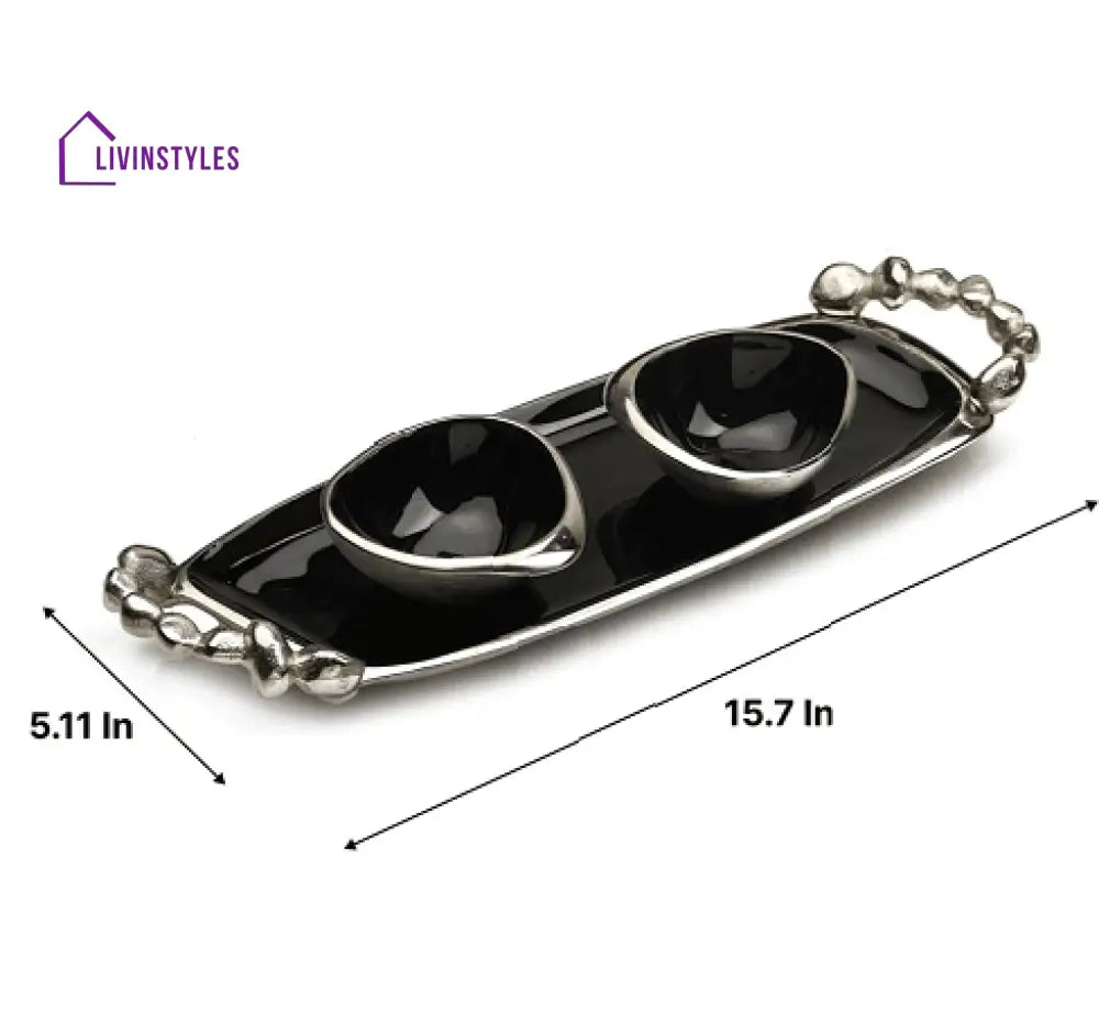 Stones Serving Ware Jet Black Enamle - Tray & Bowls Set Silver