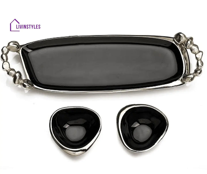 Stones Serving Ware Jet Black Enamle - Tray & Bowls Set Silver