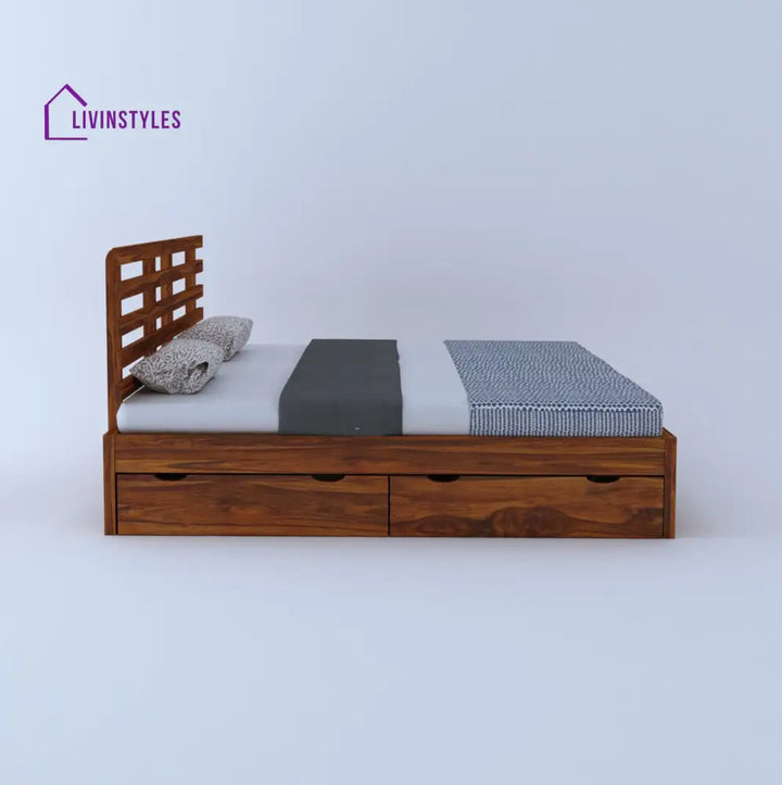 Strap Solid Sheesham Wood Bed With Four Drawer Storage - 1 Year Warranty