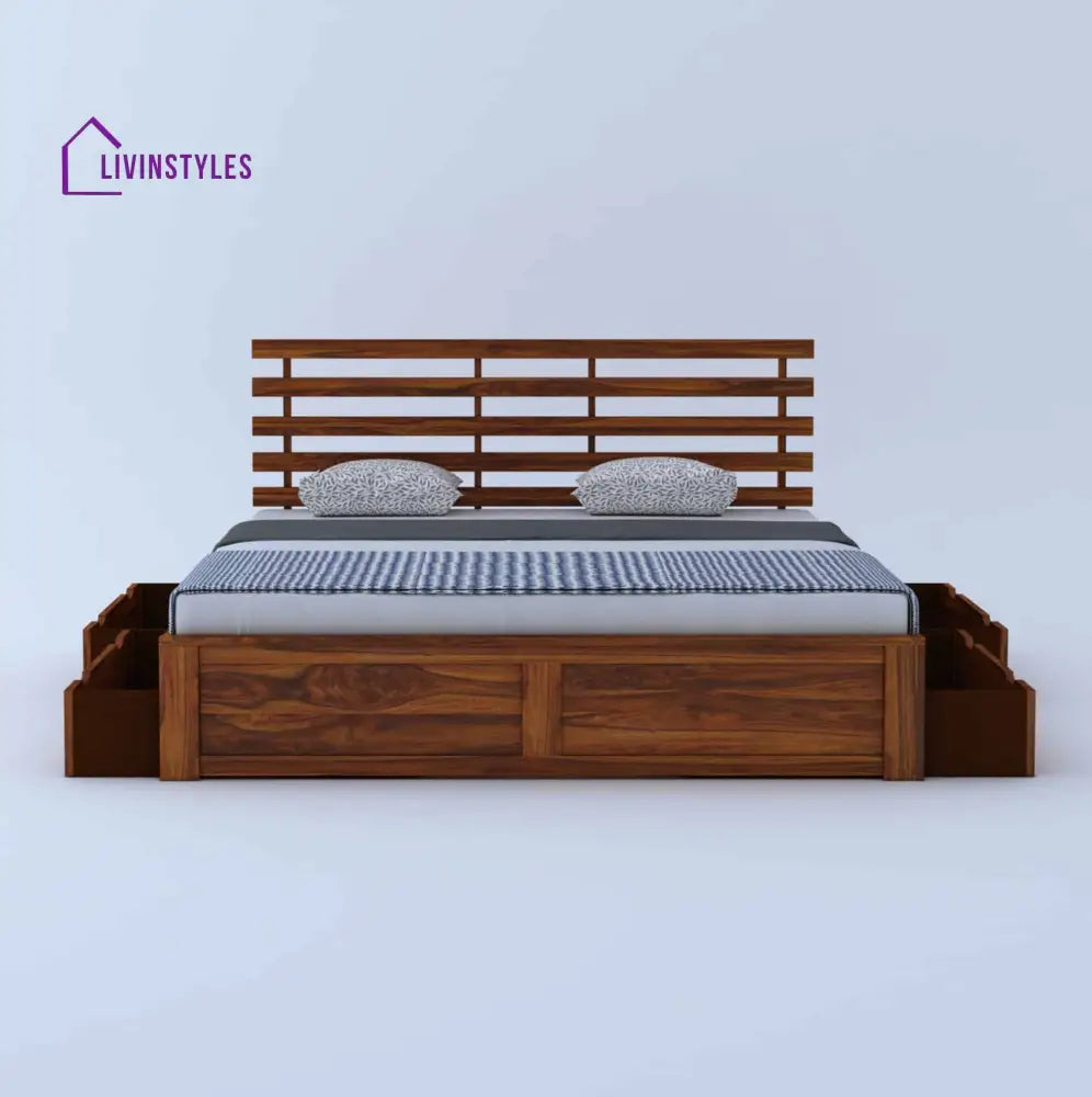 Strap Solid Sheesham Wood Bed With Four Drawer Storage - 1 Year Warranty