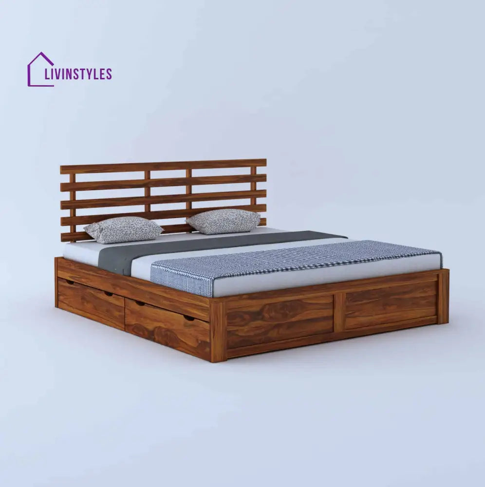 Strap Solid Sheesham Wood Bed With Four Drawer Storage - 1 Year Warranty