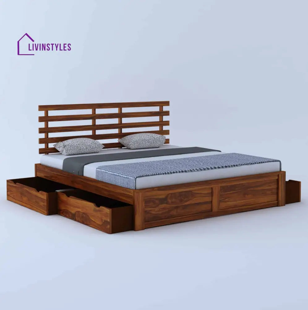 Strap Solid Sheesham Wood Bed With Four Drawer Storage - 1 Year Warranty