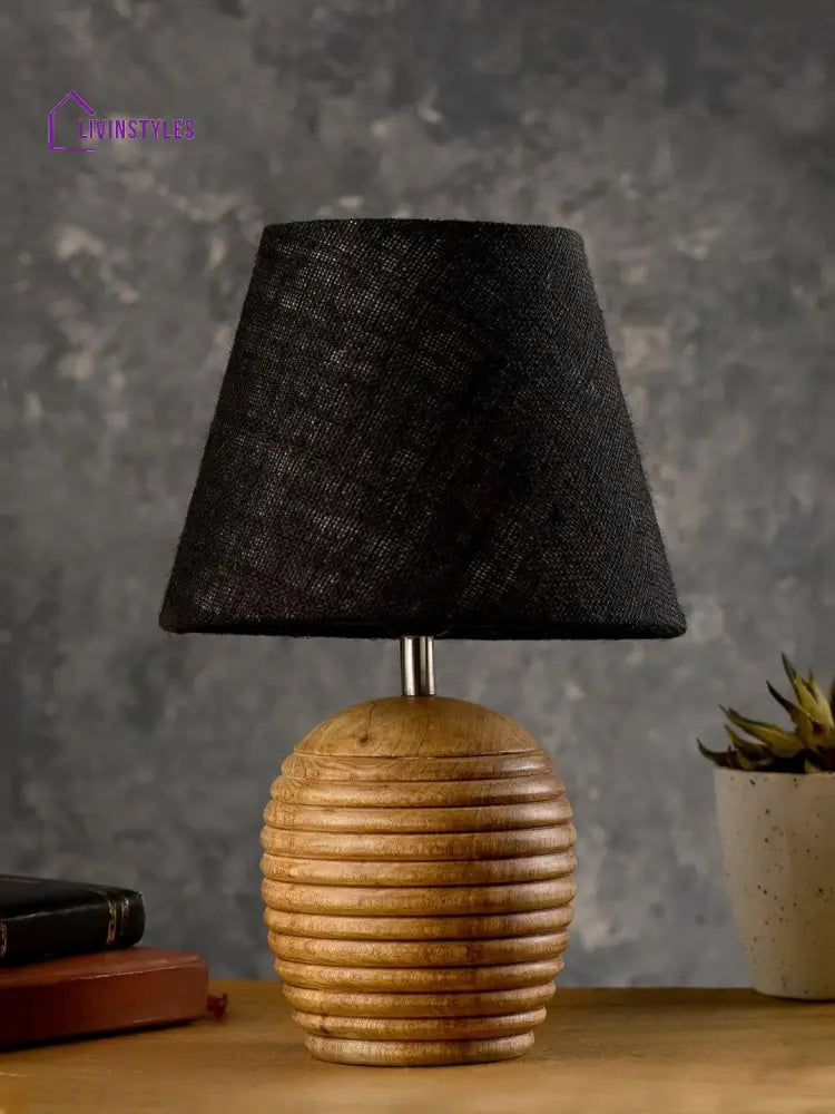 Striped Wooden Brown Lamp With Black Jute Shade