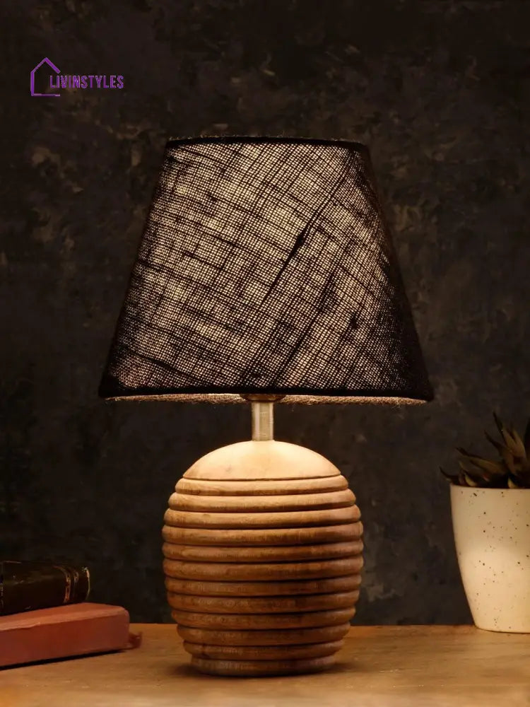 Striped Wooden Brown Lamp With Black Jute Shade