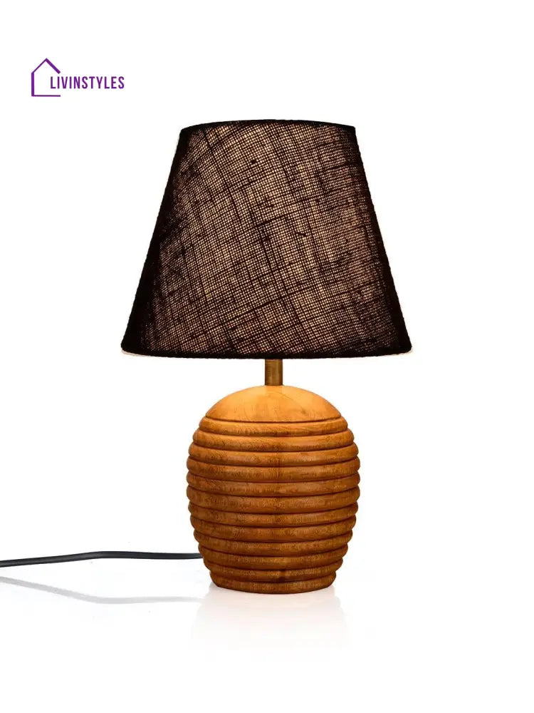 Striped Wooden Brown Lamp With Black Jute Shade